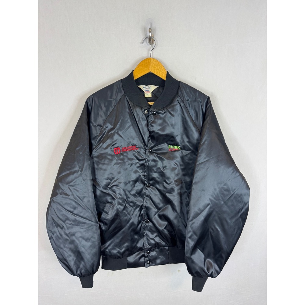 Vintage WestArk USA Black Satin Bomber Jacket Williams Machinery Clark XL